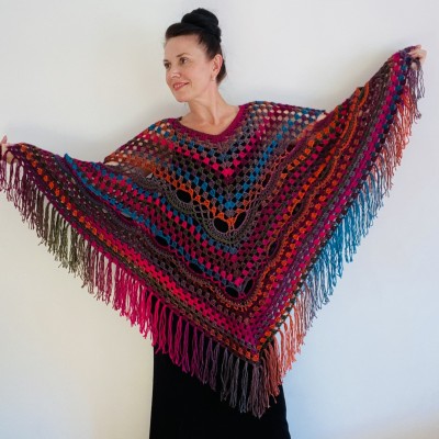 Rainbow Festival Plus Size Poncho, Shawl Pin, Easy Crochet Shawl Wraps, Shawl Fringe Boho Kimono Gift for-Women-Mom-Birthday-Gift, Hand Knit