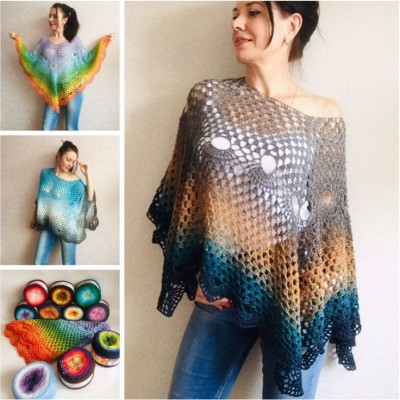 Crochet poncho for women, cotton dress top, hand knit blue wrap, women's vegan poncho gifts for wife, cotton summer poncho Navy blue Rainbov