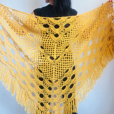 Mustard Crochet Shawl Wraps Triangle Fringe 50 COLORS Granny Shawl Long Handknit Woman Bohemian Festi Hand Knit Large Mohair Oversize Cape