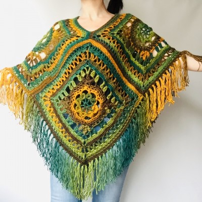 Green poncho women, Brown Plus size crochet cape wraps, Yellow Boho fringe vest Granny square, Vegan loose hand knit poncho