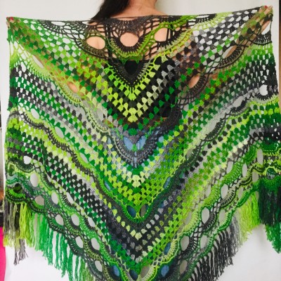 Crochet Shawl Wrap Green Triangle Boho Scarf Fringe Rainbow Shawl Big Multicolor Lace Shawl Hand Knitted Evening Shawl Gray Black White