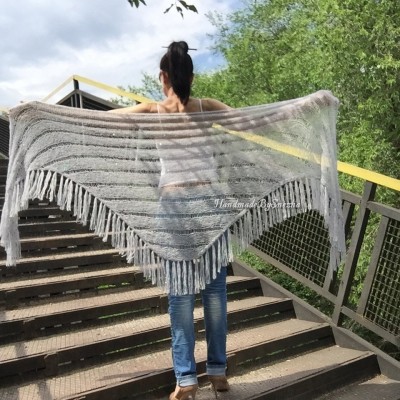 Wedding knit shawl Fringe Triangle scarf Gray Crochet shawl wrap Oversized Dark gray Mohair Wool shawl gift for Mom shawl