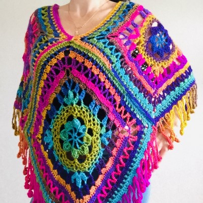 Rainbow poncho Granny square poncho festival clothes hippie poncho knit poncho crochet poncho women poncho cape coat fringe cape rainbow mexico poncho