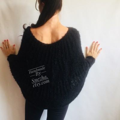 Black Mohair Sweater Women Poncho Plus Size pullover Oversized Fuzzy white poncho navy blue crochet wool hand knitted Sweater Chunky Red