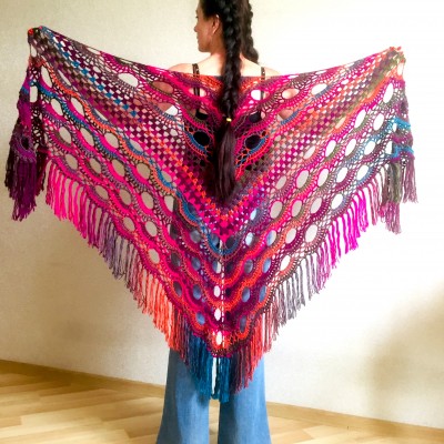 Violet crochet shawls and wraps Brooch pin Boho knit triangle scarf for women Festival mom birthday Gift For Her best friend gift grandma