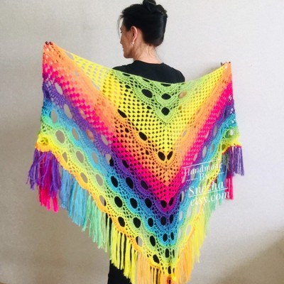 Crochet triangle scarf women fringe, Festival shawl pin gift brooch, Wool lace evening wrap Hand knit Rainbow Gypsy oversized large hippie