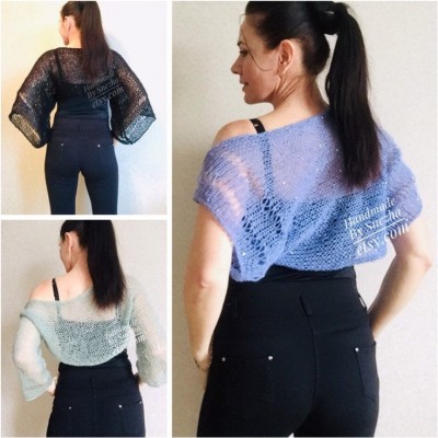 Bolero Shrug Black Lace Hand Knit Plus Size Summer Blue Short Sleeve Bridesmaid Jacket Mohair Mother of the bride with Sleeves Cardigan Red