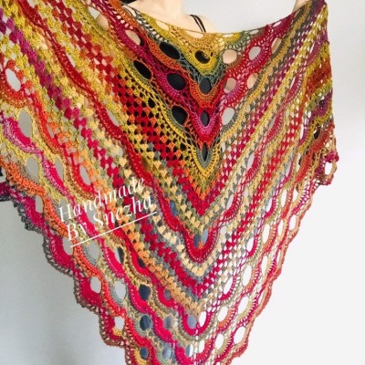 Crochet Shawl Fringe Wraps OOAK Boho Lace Triangle Warm Rainbow Shawl Mom Scarf Women Floral Hand Knit pin brooch, Large Big Outlander Green
