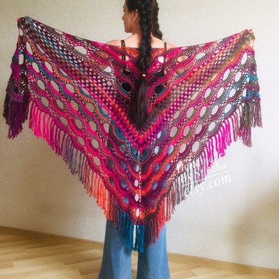 Crochet shawl wraps fringe, Outlander shawl pin brooch, Orange festival Boho hippie hand knit shawl vegan, Crochet triangle scarf Evening