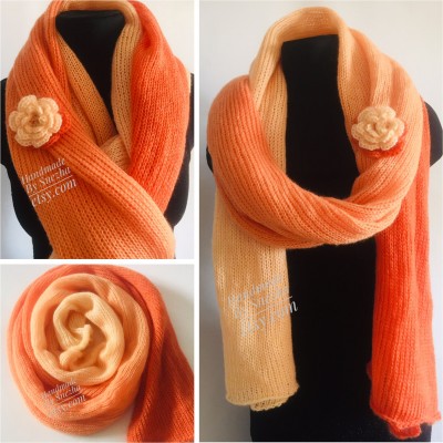 Burnt Orange hand knit scarf women mohair, Knitted Lace Gradient shawl wraps, Warm scarf men, Floral light oversized scarf long striped