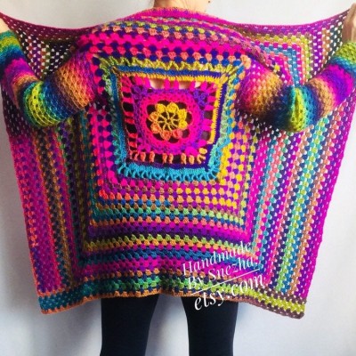 Rainbow Granny Square Crochet CARDIGAN Colourful Sweater Plus Size Boho Gypsy Clothing Vegan Coat Jacket Knit Vest Oversized Transformer