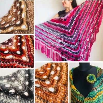 Orange Crochet Shawl Wrap Triangle With Fringe Gray Boho Shawl 20 Color Rainbow Multicolor Shawl Black Large Crochet Lace Knitted Shawl