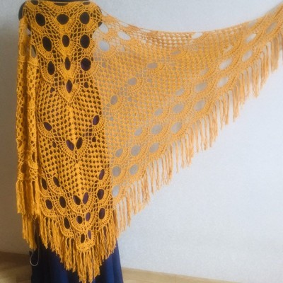 Mustard crochet shawl with fringe Big size cotton knitted