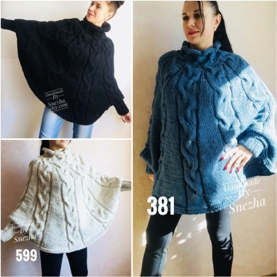 Hand Knit Poncho Wool Women Gray Poncho Sweater Winter Blue Poncho Plus Size Knitwear Boho Crochet Wrap Knit Cable Chunky Poncho White Black