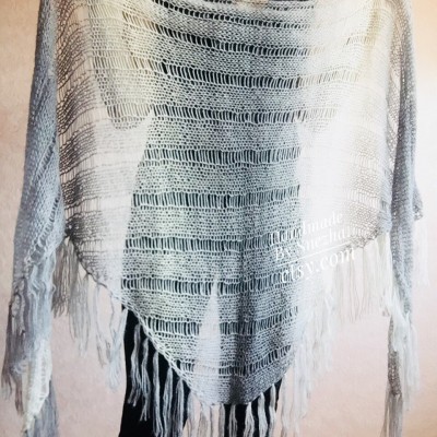 Hand Knit Shawl Triangle Wrap Fringe Alpaca White Big size Scarf Gradient Shawl Mohair Gray Handknit Woman Bohemian Shawl Black Granny