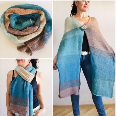 Beige Knit scarf women, Long striped Mohair winter scarf men, Lace Gradient shawl wraps mohair, Oversized scarf Blue Turquoise Rainbow