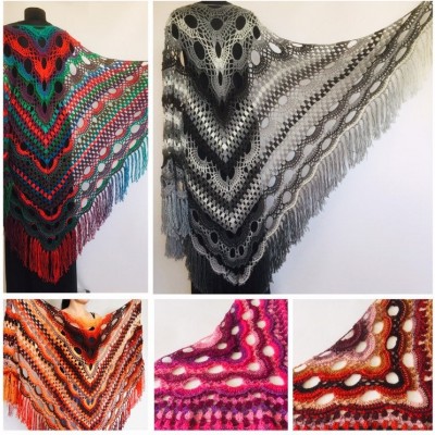 Black Outlander Crochet Shawl Wraps Fringe Burnt Orange Gift pin brooch Triangle Boho Rainbow Shawl Multicolor Hand Knitted Evening Shawl