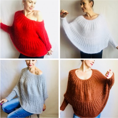 MOHAIR SWEATER Knit Poncho Woman Crochet Poncho Loose Fuzzy Hand Knit Sweater Faux Fur Pullover Oversize Cable Sweater White Red Black Gray