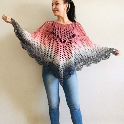 Crochet Poncho Women Plus Size beach swimsuit cover up big Vintage Shawl White Cotton Knit Boho Cape Hippie Gift-for-Her Bohemian Rainbow