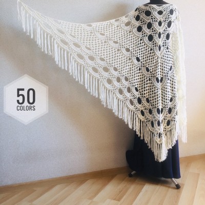 Ivory Crochet lace fringe triangle shawl White Prayer shawl Blue bridesmaid shawl, Red bridal vegan gift pin brooch, Hand knit granny square