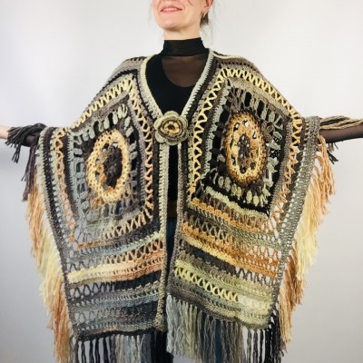 Black obsidian poncho cape coat halloween poncho fringe wool cape poncho crochet blanket poncho mexico poncho alternative poncho