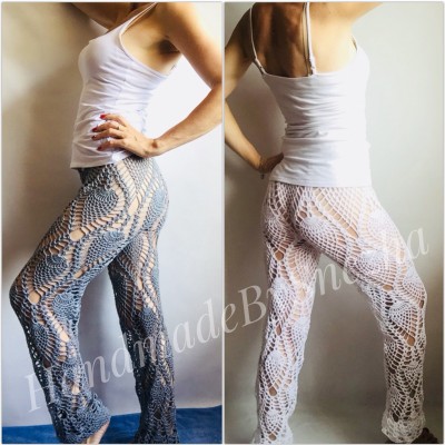 White Sexy Crochet Beach Pants Shorts Yoga Loose Festival Clothing Pants Hippie Women Lace Linen Pants Retro Beach Cover Up Black Pineapple