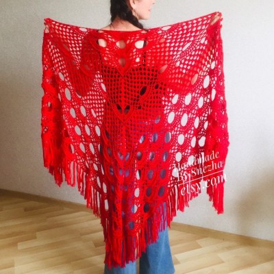 RED Crochet Shawl Triangle Fringe Wrap Hand Knit Wool Shawl Evening Crochet Wrap Mohair Lace Scarf Shawl Gifts For Wife Mom Festival Shawl