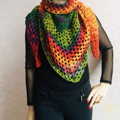Crochet shawl triangle knit scarf women Burnt Orange Granny square mohair scarf Chunky birthday gift daughter Gift-For-Her Rainbow
