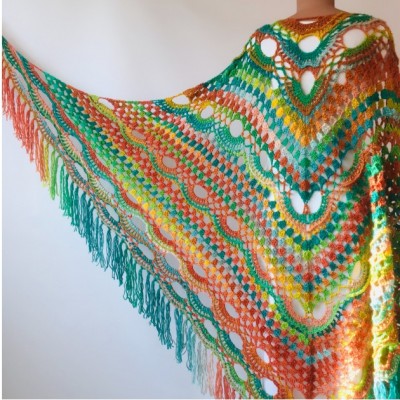 Green Shawl Fringe, Burnt orange Hand Knit lace triangle plus size Wool Wraps, Crochet Evening Hippie festival Scarf Multicolor