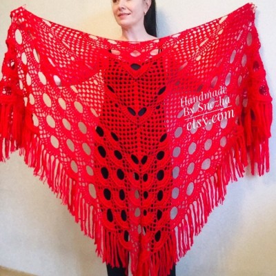 RED Crochet Shawl Fringe SHAWL BLACK Triangle Scarf Boho Shawl Women Evening Shawl Black Floral Scarf Hand Knit Scarf Lace Wool Knit Shawl