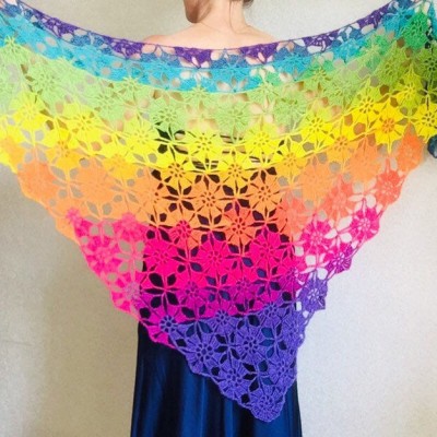 Crochet shawl wraps, Rainbow triangle granny shawl, Handknit multicolor festival pashmina, Lace wool evening shawl fringe mohair