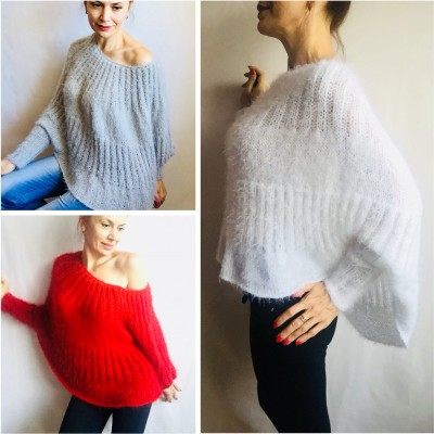 White Angora Sweater, Mohair Sweater, Loose Knit Sweater Poncho Woman, Oversized Sexy Wool Sweater Off Shoulder Faux Fur, Crochet Poncho