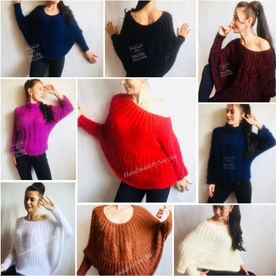 RED Mohair Sweater Hand Knit Poncho Sweater Sexy Loose Knit Sweater Beige Boho Elegant Brown Soft Sweater Chunky Black Wool Pastel Sweater