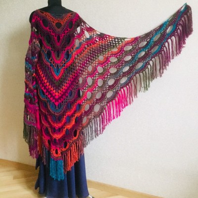 Crochet Multicolor Shawl Wrap Lace Triangle Boho Shawl Colorful Rainbow Shawl Fringe Big Crochet Shawl Hand Knitted Shawl Evening Shawl