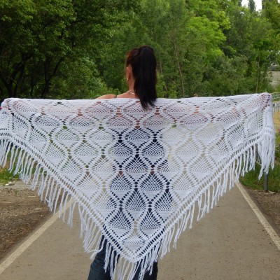 White Shawl Wraps Crochet Shawl Wraps Bridal Wrap Wedding Fringe Shawl Lace Hand Knit Shawl Christmas gift idea Crochet Flower Wool Scarf