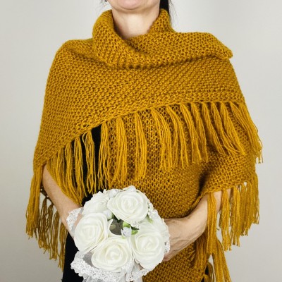 Mustard bridal shawl warm knit shoulder wrap fall mohair triangle shawl fringe wool winter wedding shawl bridal cover up anniversary gift