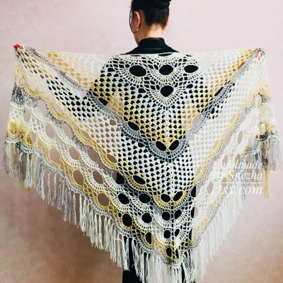 Crochet Shawl Wraps With Fringe Yellow Shawl Best Friend Gift Caregiver Appreciation Gray Acrylic Wool Shawl Easter Shawl Mom Gift, Grandma