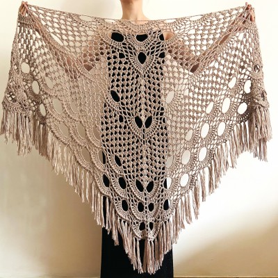 Beige shawl for wedding Bridesmaid shawl wedding capelet Wool triangle shawl fringe Lace shawl bridal stole bride winter shawl wrap