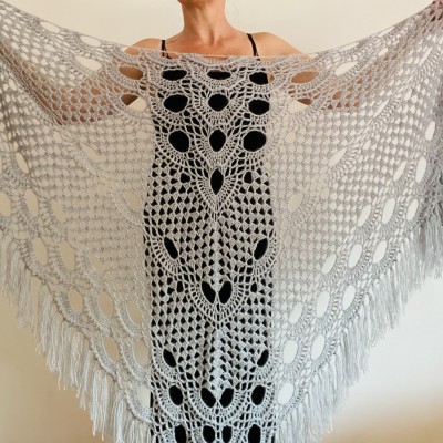 Gray Wedding Shawl, Silver Bridesmaid Mohair wrap, White Bridal cover up, Beige Lace Shawl Fringe Bridesmaid Gift pin brooch Boho Evening 