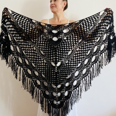 Black cashmere bridal shawl alpaca triangle shawl wedding dress shawl fringe bride shawl winter bridesmaid gift evening bridal cover up