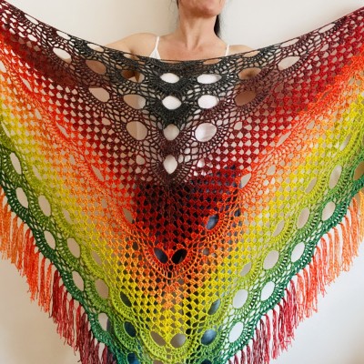 Rainbow women plus size shawl alpaca, red yellow green triangle shawl fringe, multicolor acrylic shawl, festival shoulder wrap