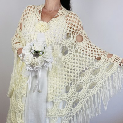 Cream bridal extra large shawl white wedding wool shawl ivory plus size bride women triangle fringe shawl hand crocheted shawl