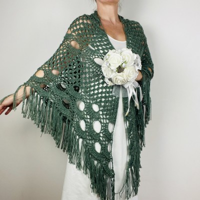Green wedding wool shawl fringe, cashmere women triangle shawl, plus size bride shawl, alpaca bridal shawl, silk bridesmaid shawl