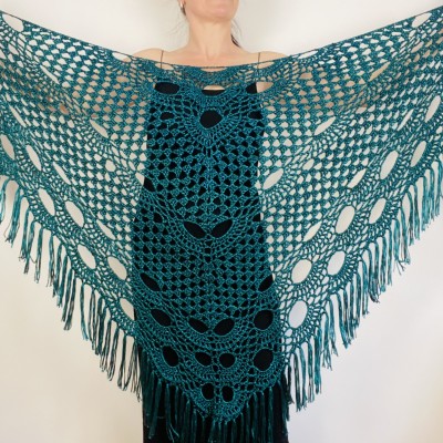 Emerald bridal shawl, wedding wool shawl, teal green women fringe shawl, bridesmaid wrap, bride plus size shawl, crochet triangle shawl