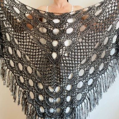 Black silver wedding wool shawl metallic bridal shawl dark gray women fringe shawl bride shawl plus size crochet triangle shawl