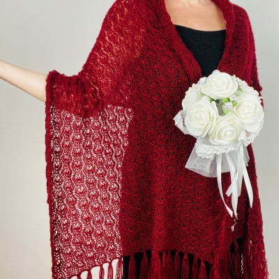 Burgundy wedding bridal shawl fringed, red mother of bride shawl, wool mohair shawl, pashmina scarf, rectangular bridesmaid shawl, evening shoulders wrap